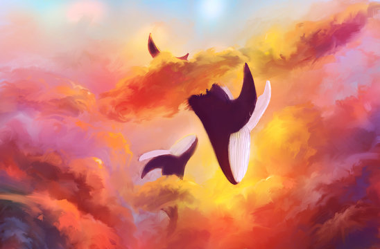Abstract illustration of two whales on a background of fiery sky