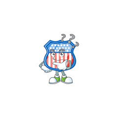 Shield badges USA cartoon mascot style in a confuse gesture