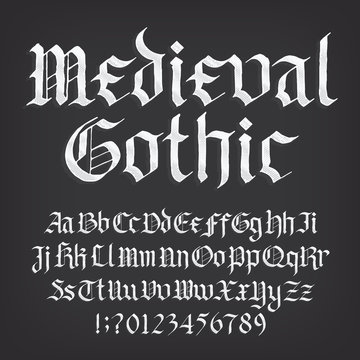 Medieval Gothic alphabet font. Old uppercase and lowercase letters, symbols and numbers. Stock vector typescript for your design.