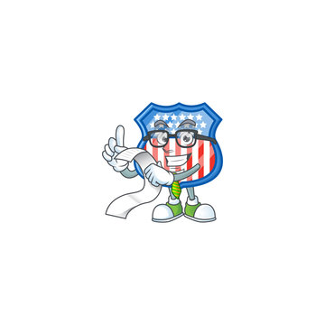 A funny face character of shield badges USA holding a menu