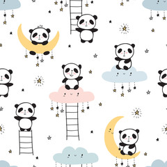 Cool seamless pattern with hand drawn cute pandas on clouds, moons and stars. Baby design for kids apparel, nursery wall art, kids textile, wallpapers, gift wrap and scrapbook. Vector.