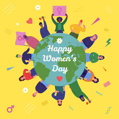 International womens day. Group of womens with different nationalities and cultures. Womens day concept. Vector