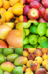 Fruit collage. Persimmons, apples, grapefruits, limes, mangoes and peaches.
