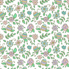 Easter seamless pattern on white background. Flowers and holiday eggs for wallpaper, gift paper, pattern fills, web page background, spring and Easter greeting cards. EPS 8