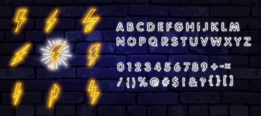 Big Neon set of lightning bolt. Glowing electric flash sign, thunderbolt electricity power icons. Vector lightning set on black background