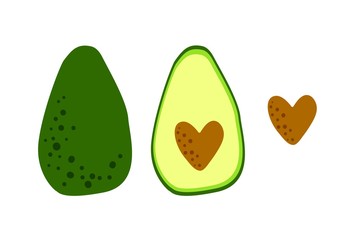 Avocado icons with heart seed. Funny illustration in flat cartoon style. Great as logo or symbol for healthy eating and diet. Vector design