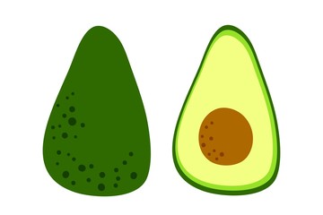 Avocado icon for healthy eating and keto diet. Whole and cut avocado isolated on white. Green fresh fruit. Exotic fruit. Flat cartoon drawing. Vector