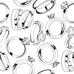 Seamless pattern Vector hand drawn illustration of jewelry wedding and engagement rings in vintage engraved style. Isolated on white background. 