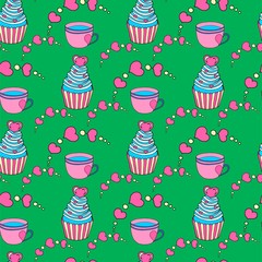 Vector graphic of the various sweets and desserts decorated into seamless pattern. Valentine's day seamless pattern of hearts and cupcakes. Beautiful abstract pattern with Valentine's day seamless