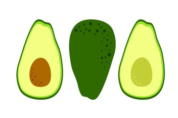 Avocado drawing. Vector background. Fruit icon isolated. Whole, half cut and seed. Tropical food for healthy eating and keto diet. Flat cartoon