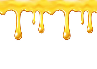 Stoffe zum Nähen Honey drip seamless pattern isolated on white background. Golden butter, caramel, orange confectionery syrup or sauce. Vector melted bee nectar border template..