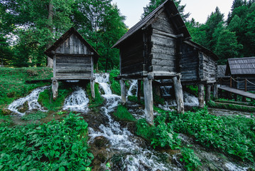 Historical wooden watermills in Jajce, Bosnia and Herzegovina