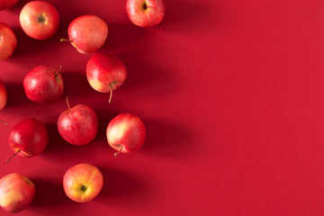 Red apples on red background. Apples as background. Flat lay, top view, copy space