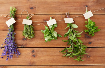 gardening, ethnoscience and organic concept - bunches of greens, spices or medicinal herbs with name tags on wooden background