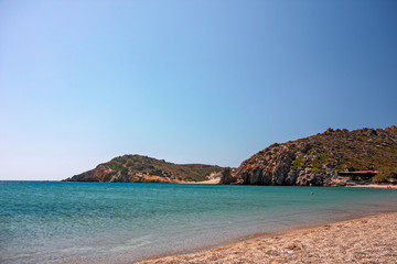 Panoramic view of the golden beach of Vai, on the island of Crete in Greece.