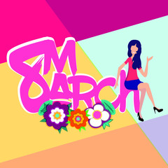 Bright multicolored card for the International Women's Day on March 8. Vector illustration, template graphic design.