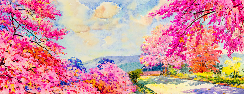 Abstract watercolor landscape painting imagination colorful of beauty flowers