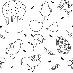 Lovely chick flowers eggs easter cake. Cute childish seamless pattern in cartoon style. Seamless pattern can be used for wallpapers, pattern fills, web page backgrounds, surface textures