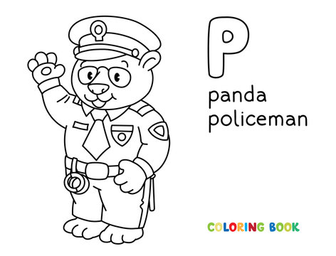 Panda policeman coloring book. Animal Alphabet P