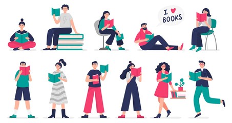 Stylish people love to study and read books. Set of vector Illustration people in modern flat style can be used by libraries, book fairs, stores and schools.