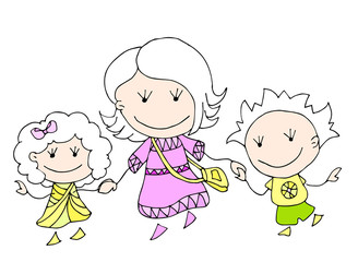 Happy Mother's day. 8 March. Black and white cute cartoon hand drawing family isolated on white background. Vector illustration. Can be used for t-shirt print, fashion design, poster invitation card.	