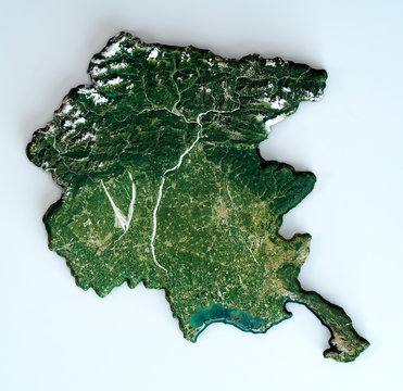 Satellite view of the Friuli-Venezia Giulia region. Italy. 3d render. Physical map of Friuli-Venezia Giulia , plains, mountains, lakes, mountain range of the Alps