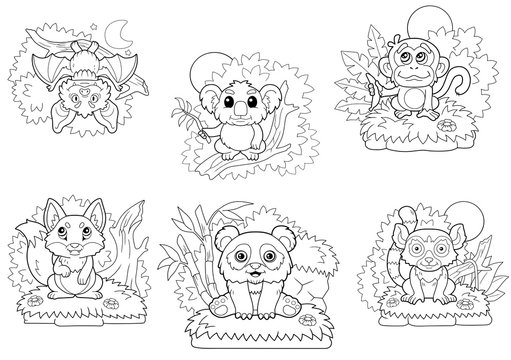 cartoon cute little animals, coloring book, image set