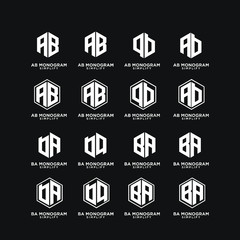 set of ab, ba, a b initial monogram hexagon letter white logo design with black background