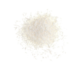 Fresh coconut flakes on white background, top view