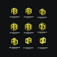 set of gold ab, ba, a b initial monogram hexagon letter black logo design with black background