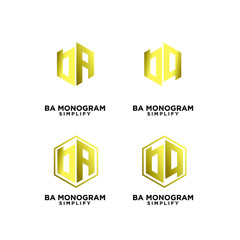 set of gold ab, ba, a b initial monogram hexagon letter black logo design