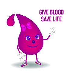 Blood donation, text: give blood save life, red drop says it, flat style drawing, concept. Vector illustration, template graphic design for posters, flyers, cards or vouchers.