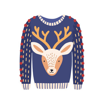 Cartoon ugly Christmas sweater with deer head image isolated on white background