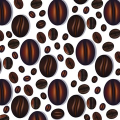 Pattern of realistic coffee beans on a white background. Vector illustration, graphic design for posters, menu of restaurants and cafes, flyers or vouchers.