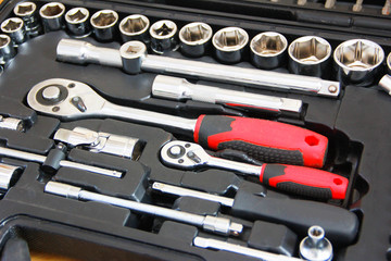 set of metal old screwdriver tools and nozzles for repair and installation