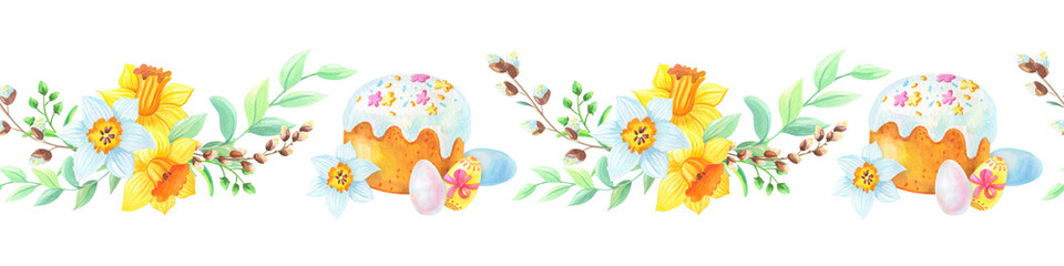 Watercolor seamless border with spring flowers, Easter cake,eggs,willow,green branches