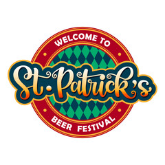 St. Patrick’s day vector logotype. Holiday illustration with lettering typography and label isolated on white background. Design concept for Irish beer festival sticker, badge, banner, poster, flyer