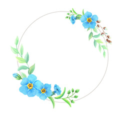 Watercolor wreath of blue forget-me-nots,willow.Set of spring flowers,Easter twig,leaves