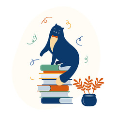 Smart kitten is a literary fan. Funny cartoon cat sits on a stack of books. Hand drawn happy animal character. Cat likes to read. Favorite pet is learning. Scandinavian vector flet illustration. © Catrin1309