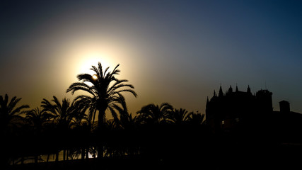 sunset and silhouette of the cathedral of Mallorca