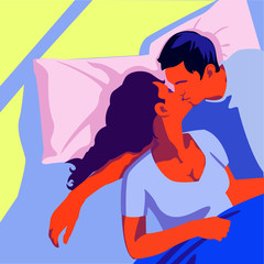 Naklejka na ściany i meble Young lovers lay on the bed. Happy morning in family. Vector Flat Illustration