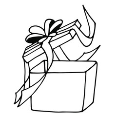 Vector black and white illustration of gift box with ribbon and bow. Suitable for decoration of wrapping paper, stationery, greeting cards.