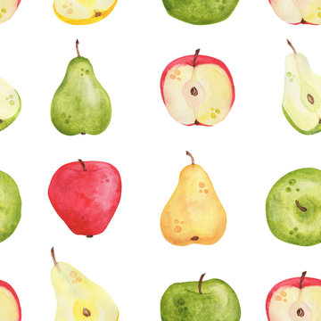 pattern of watercolor pears and apples
