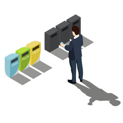 Garbage sorting. Man in a business suit decides where to drop a glass. No name dustbin. On white background. Vector isometric, 3d, illustration.