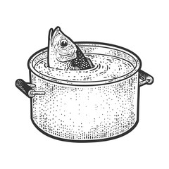 Fish peeks out of a pot of water sketch engraving vector illustration. T-shirt apparel print design. Scratch board imitation. Black and white hand drawn image.