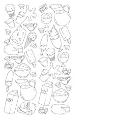 Vector pattern with icons of milk, butter,cottage cheese, sour cream, cheese, yogurt, ice cream, cream. Collection of dairy products.