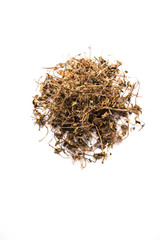 Dried BhringraAyurvedic Maha Bhringraj or Mahabhringraj leaves over white backgroundj leaves