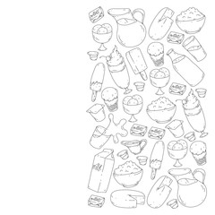 Vector pattern with icons of milk, butter,cottage cheese, sour cream, cheese, yogurt, ice cream, cream. Collection of dairy products.