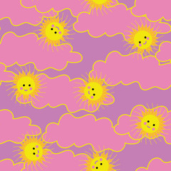 Fototapeta na wymiar Happy smiling suns on a bright pink sky seamless vector pattern. Cute childish surface print design.