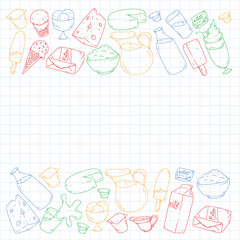 Milk, butter, cottage cheese, sour cream, cheese, yogurt, ice cream, cream. Vector pattern. Collection of dairy products.